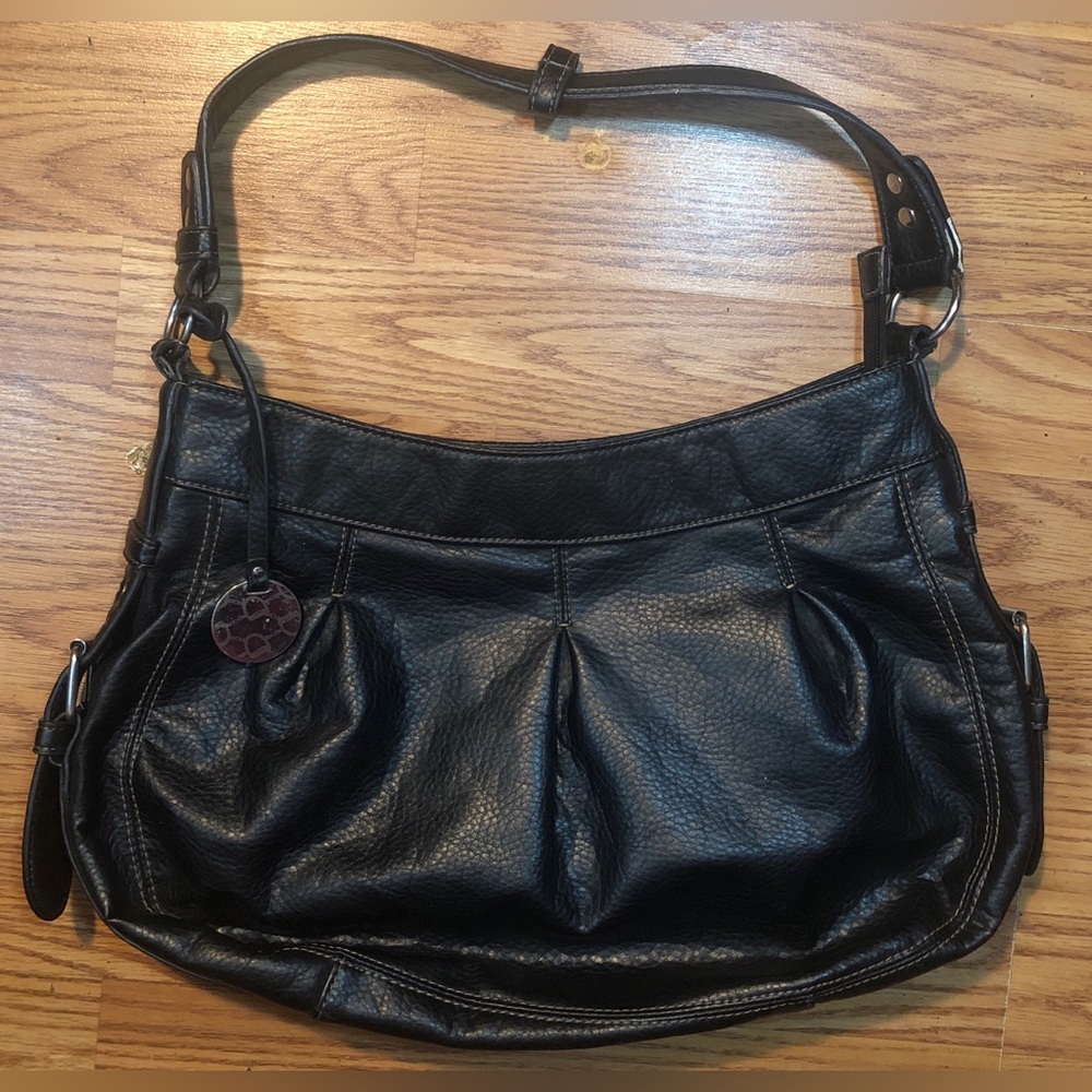 Vintage Chaps Black Pebble Leather Handbag Purse Adjustable Buckles Zip close